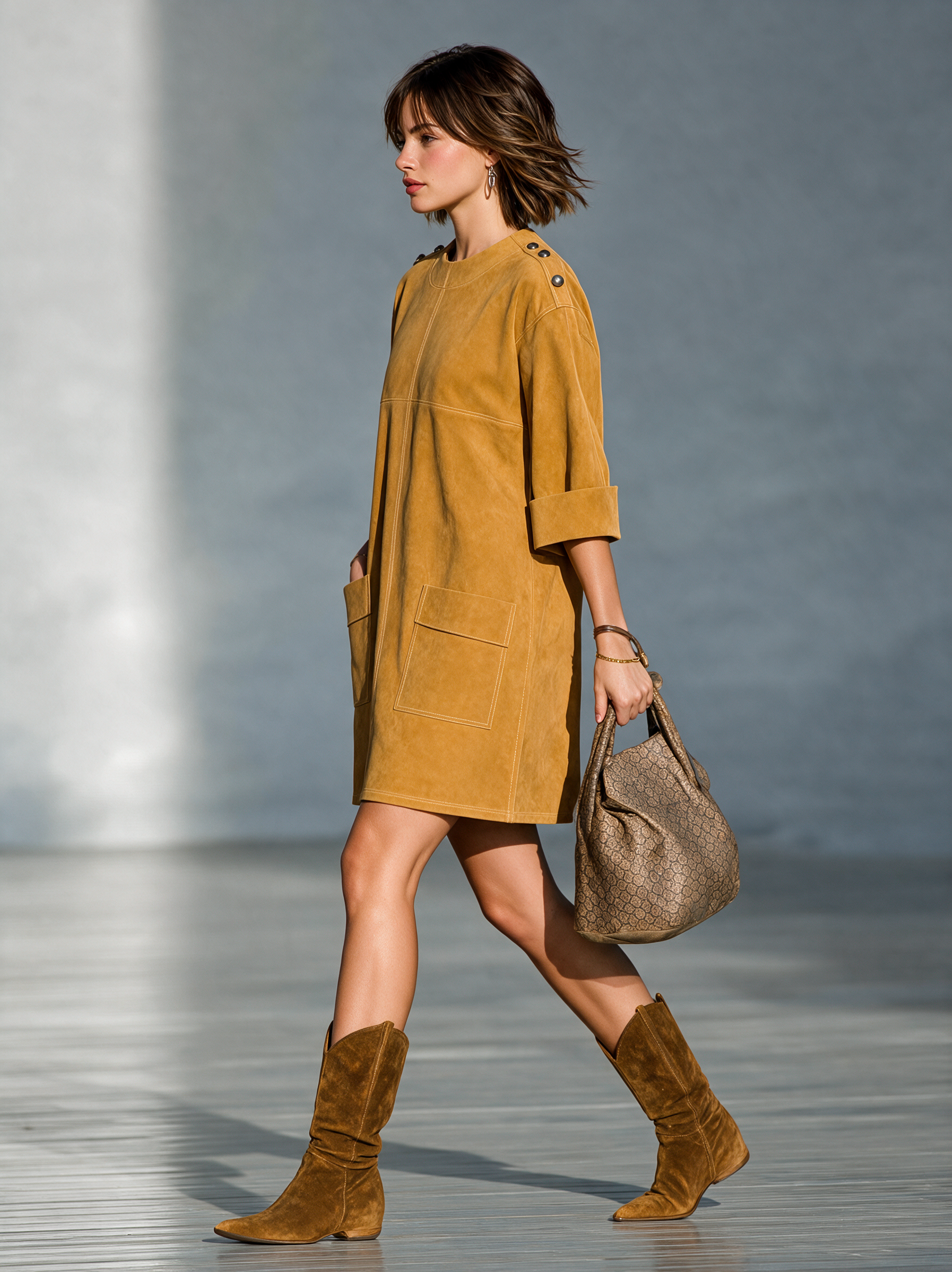 Women's Vintage-Style Faux Suede Mini Dress With Shoulder Buckle Detail And Mid-Length Sleeves MDZ1940H9WY