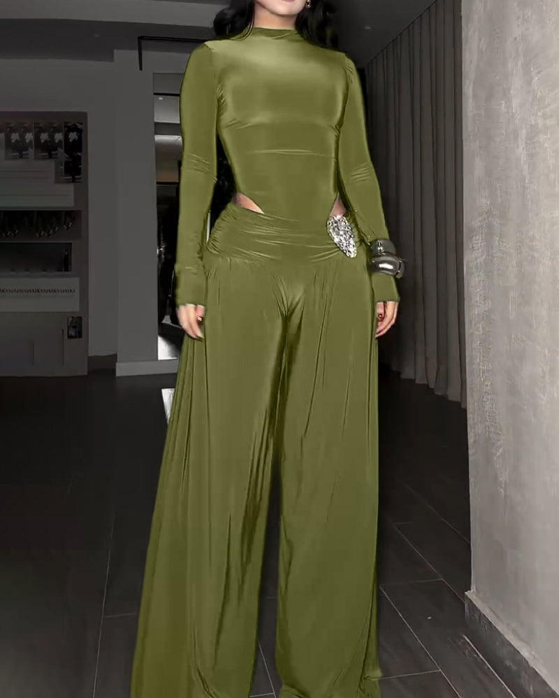 Two-Piece Set Turtleneck Side Cutout Rhinestone Wide Leg Pants  - By Qivii