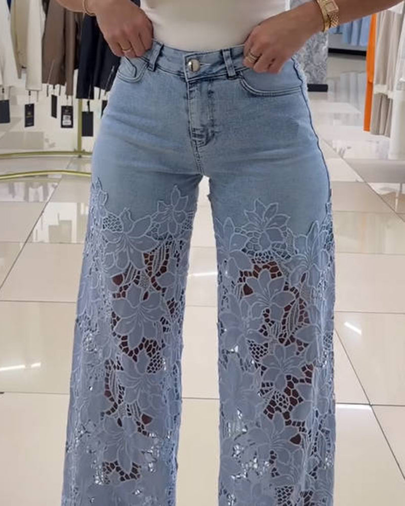 Shapshe® Cut out Floral Denim with Lace Wide Leg Jeans for Women  - By Qivii