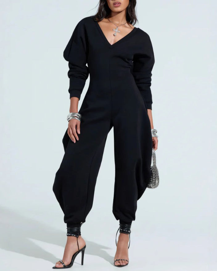 Cozy V Neck Baggy Long Sleeve Jumpsuit  - By Qivii
