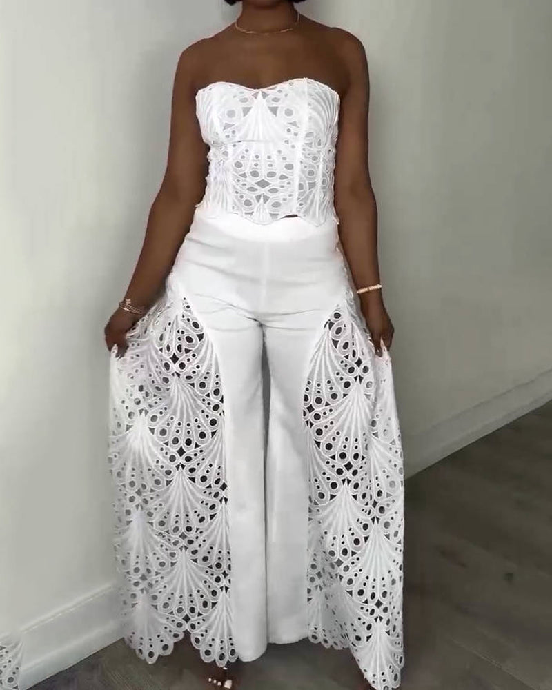 Elegant Strapless Floral Eyelet Cutout Top & Wide Leg Pants Set  - By Qivii