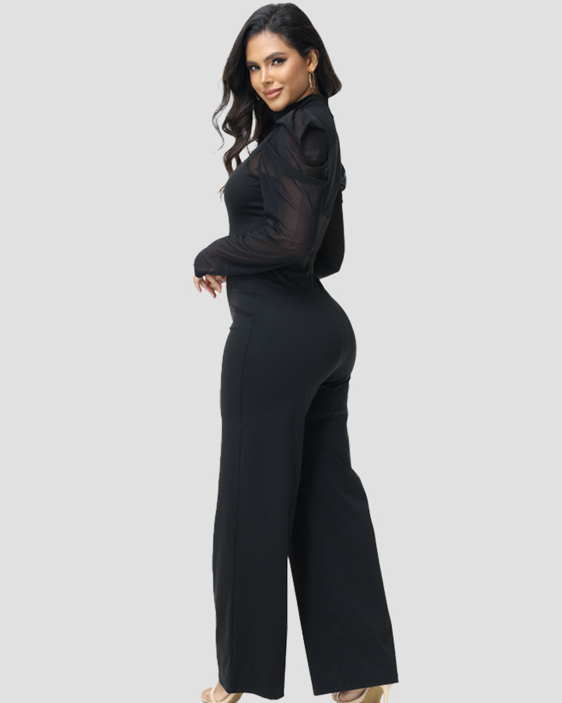 Women's Sheer Mesh Stand Collar Slimming Wide Leg Jumpsuit  - By Qivii
