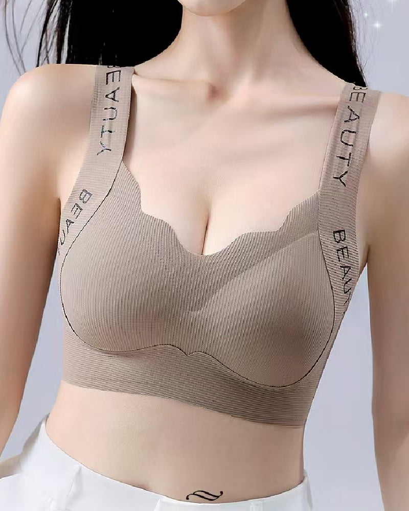 Thin Seamless Wireless Push-Up Fixed Cup Lettering Straps Bra