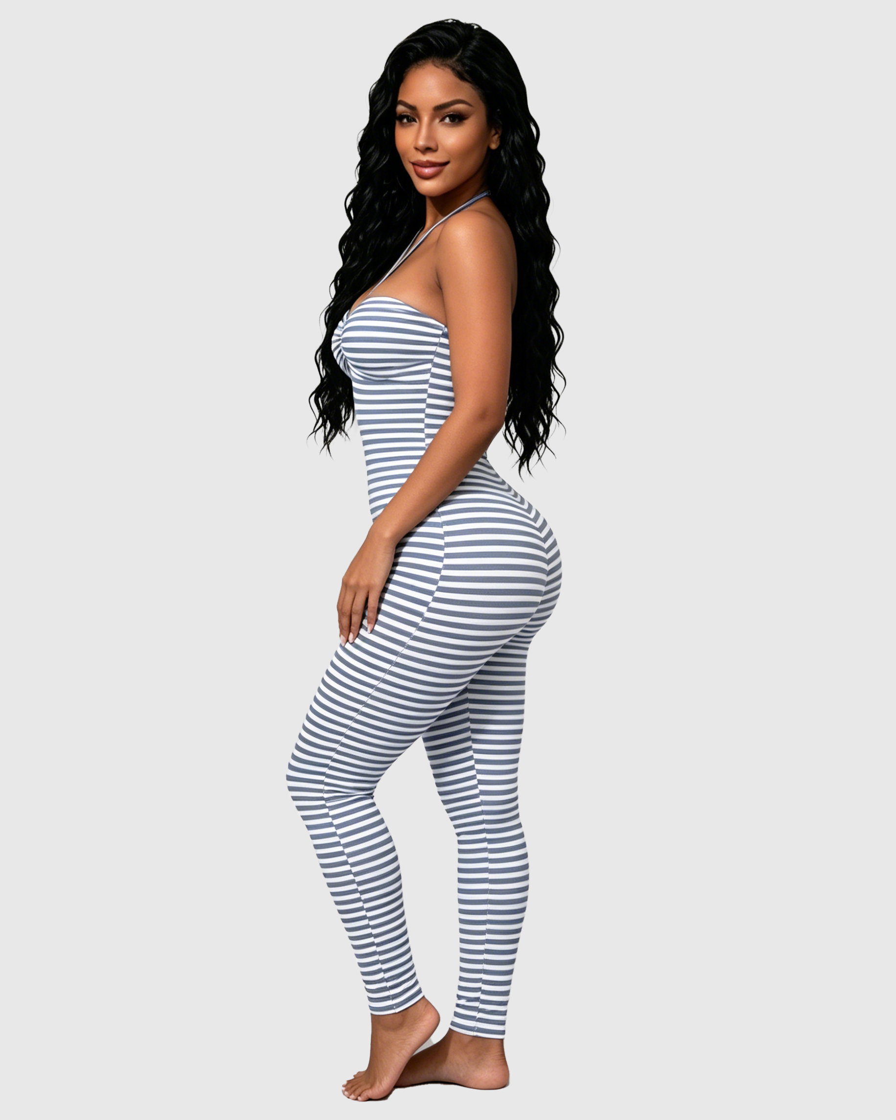 Grey White Stripe Halter Ruched Bust Backless Skinny Full Length Jumpsuit  - By Qivii