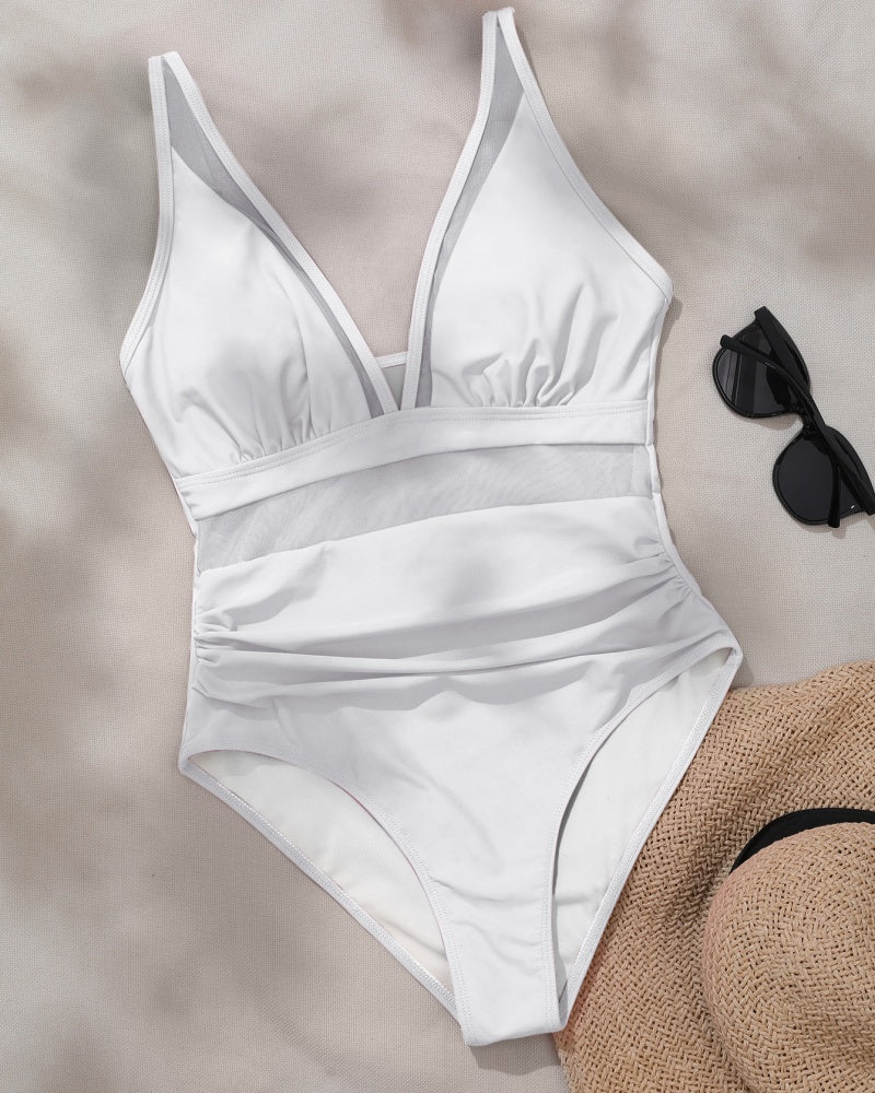 Sexy Deep V Mesh Backless One Piece Shapewear Swimsuit  - By Qivii