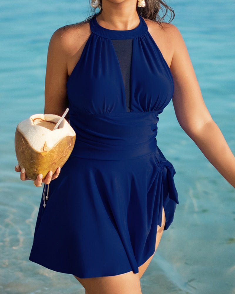 Large Size Halter Neck Mesh Panel Tummy Control Swimsuit with Side Bow  - By Qivii