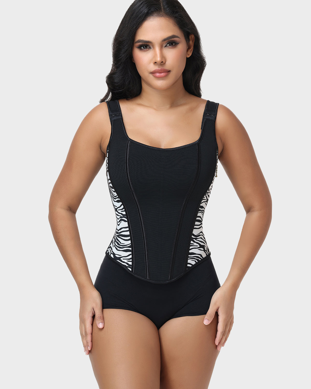 Square Neck Adjustable Strap Zebra Print Tummy Control Waist Trainer Vest