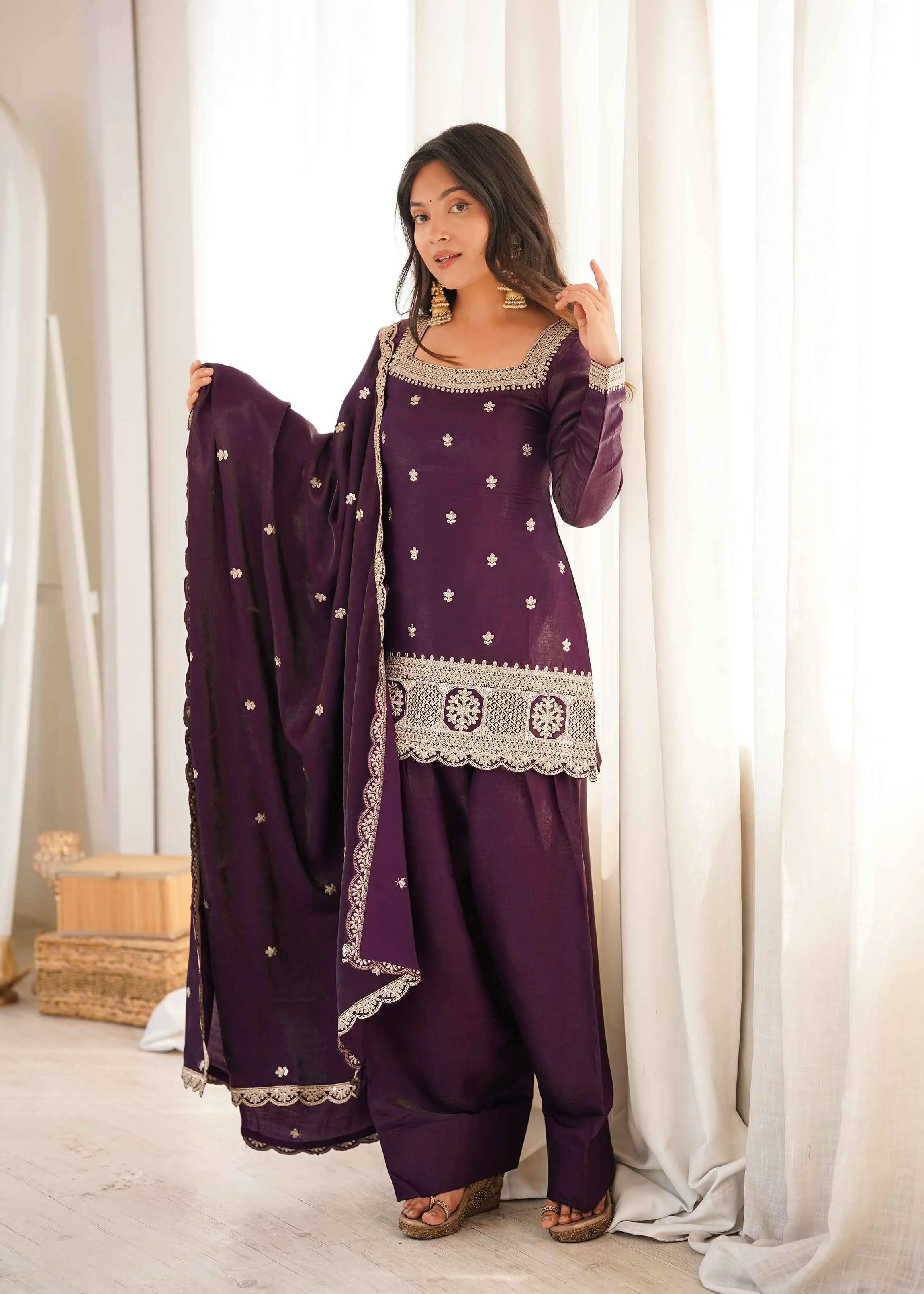 Plum Purple Embroidered Silk Salwar Suit