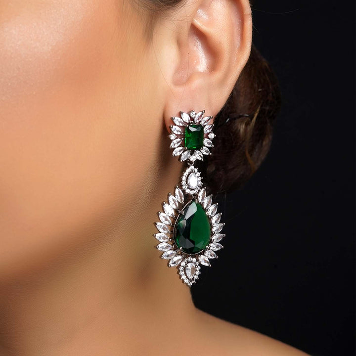 Eiravati Green Emerald Diamond Rhodium Plated Victorian Earrings