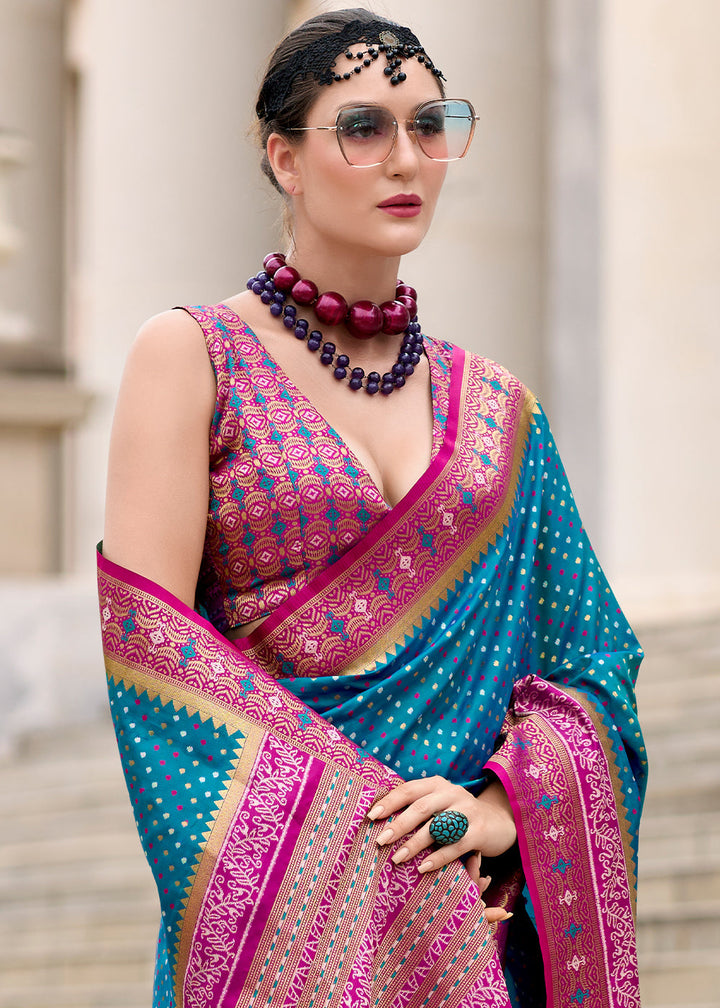 Cerulean Blue Woven Banarasi Silk saree with Contrast Blouse & Pallu