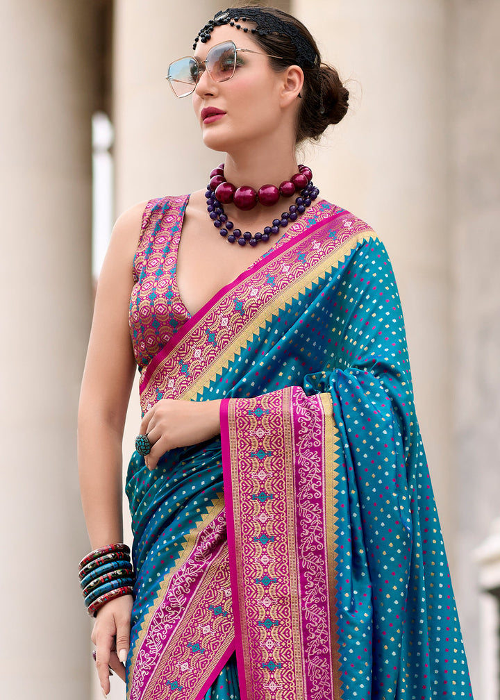 Cerulean Blue Woven Banarasi Silk saree with Contrast Blouse & Pallu