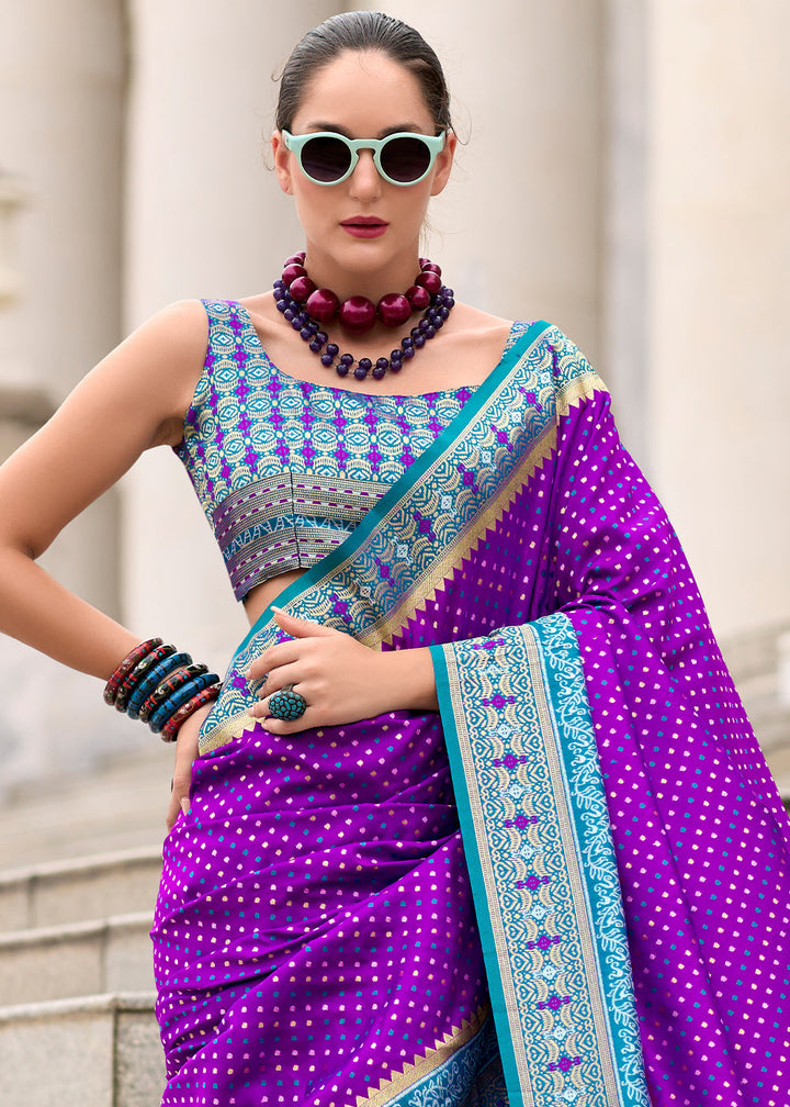 Irish Purple Woven Banarasi Silk saree with Contrast Blouse & Pallu