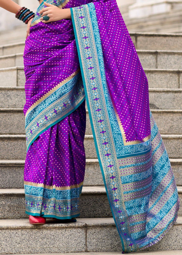 Irish Purple Woven Banarasi Silk saree with Contrast Blouse & Pallu