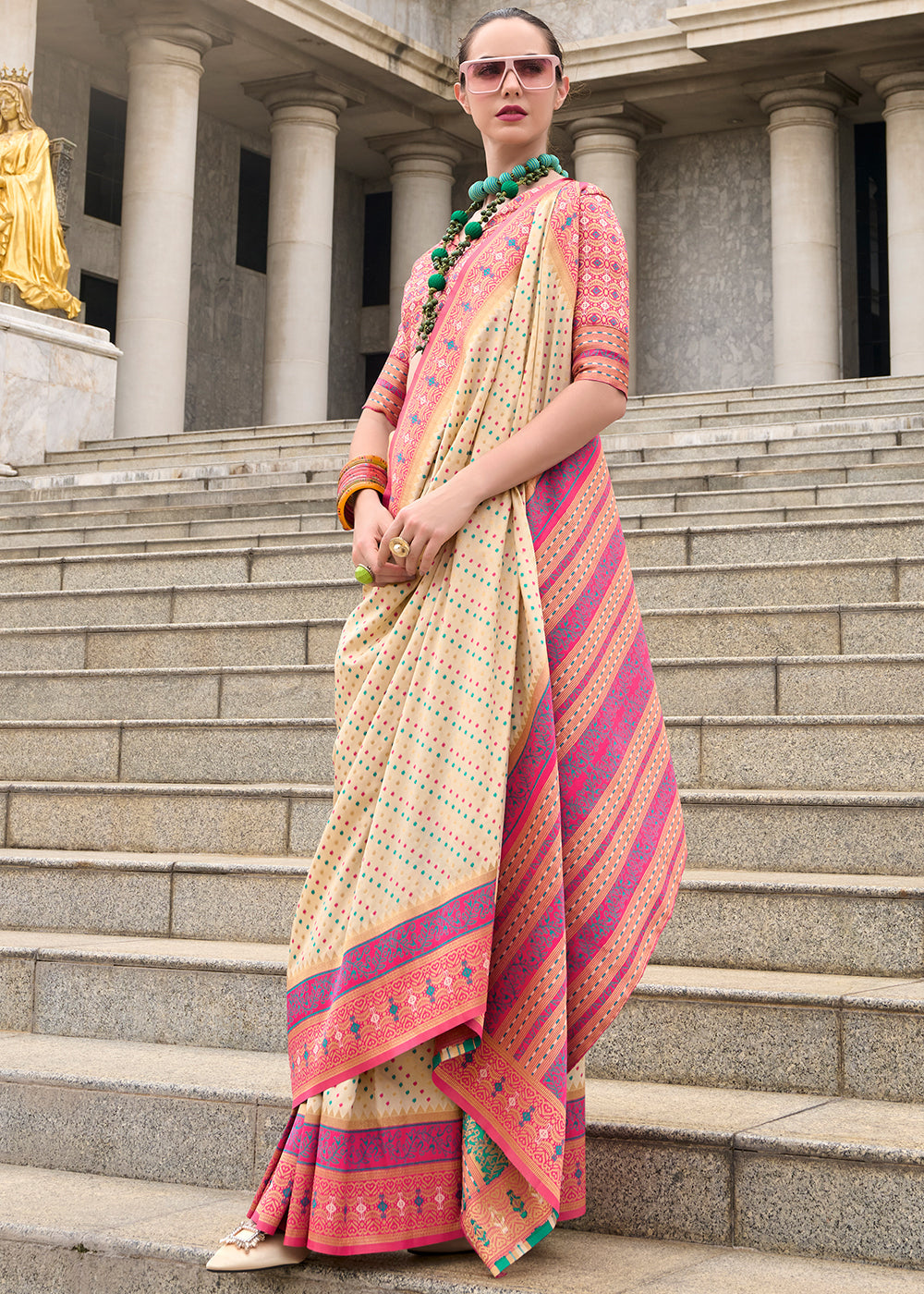 Beige Brown Woven Banarasi Silk saree with Contrast Blouse & Pallu