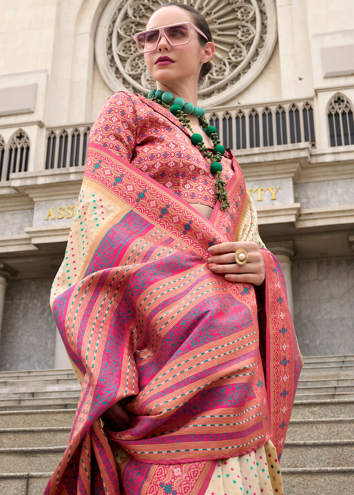 Beige Brown Woven Banarasi Silk saree with Contrast Blouse & Pallu