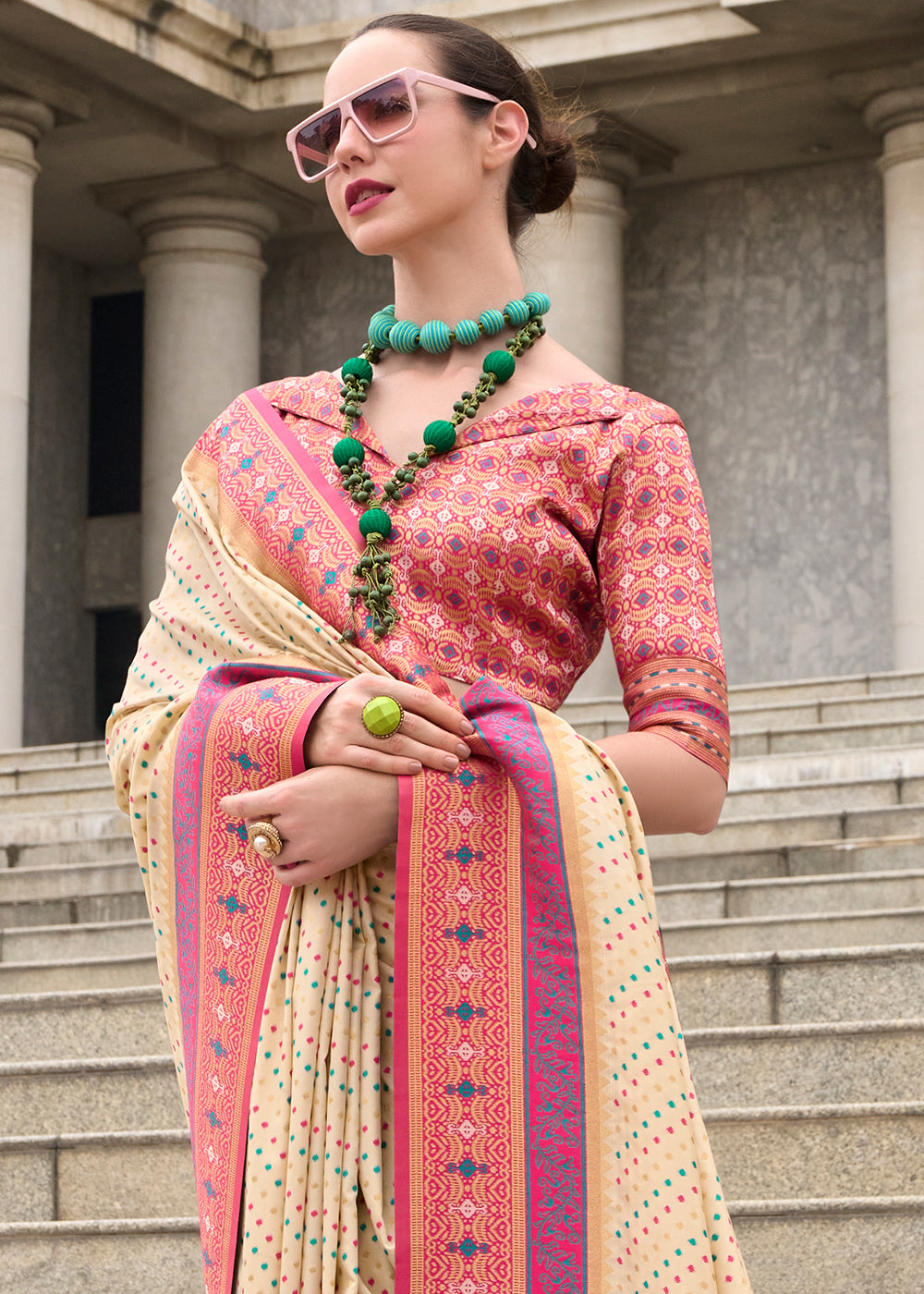 Beige Brown Woven Banarasi Silk saree with Contrast Blouse & Pallu