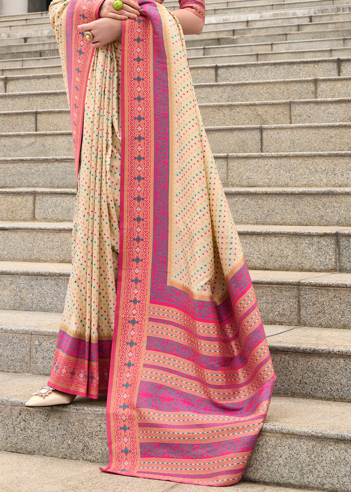 Beige Brown Woven Banarasi Silk saree with Contrast Blouse & Pallu