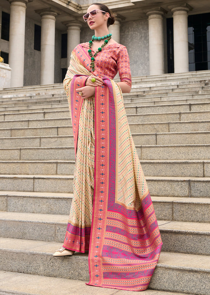 Beige Brown Woven Banarasi Silk saree with Contrast Blouse & Pallu