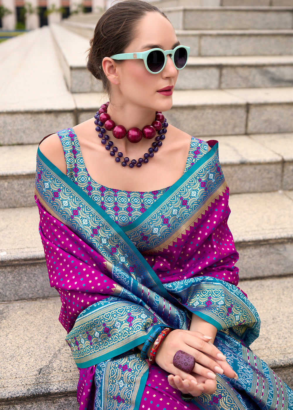 Elegant and luxurious Lollipop Purple Woven Banarasi Silk saree with Contrast Blouse & Pallu