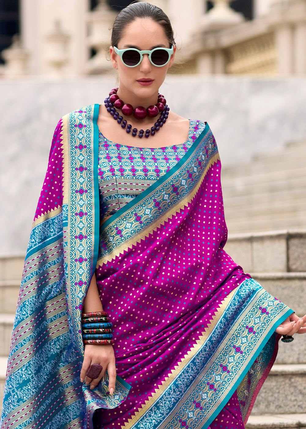 Beautiful and elegant Lollipop Purple Woven Banarasi Silk saree with contrasting blouse and pallu