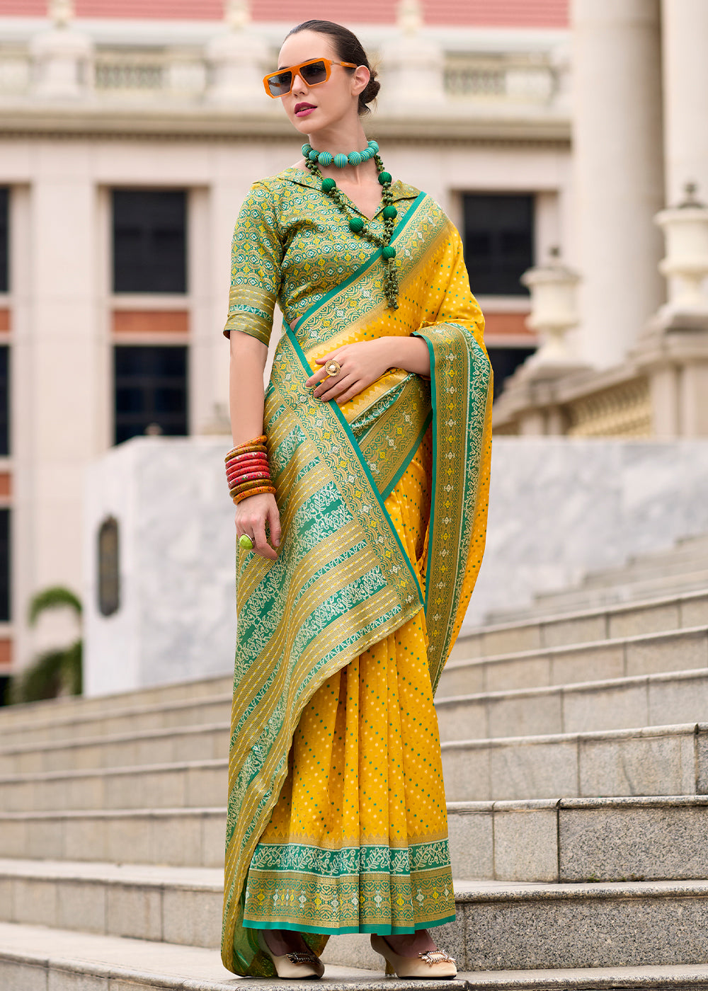 Golden Yellow Woven Banarasi Silk saree with Contrast Blouse & Pallu