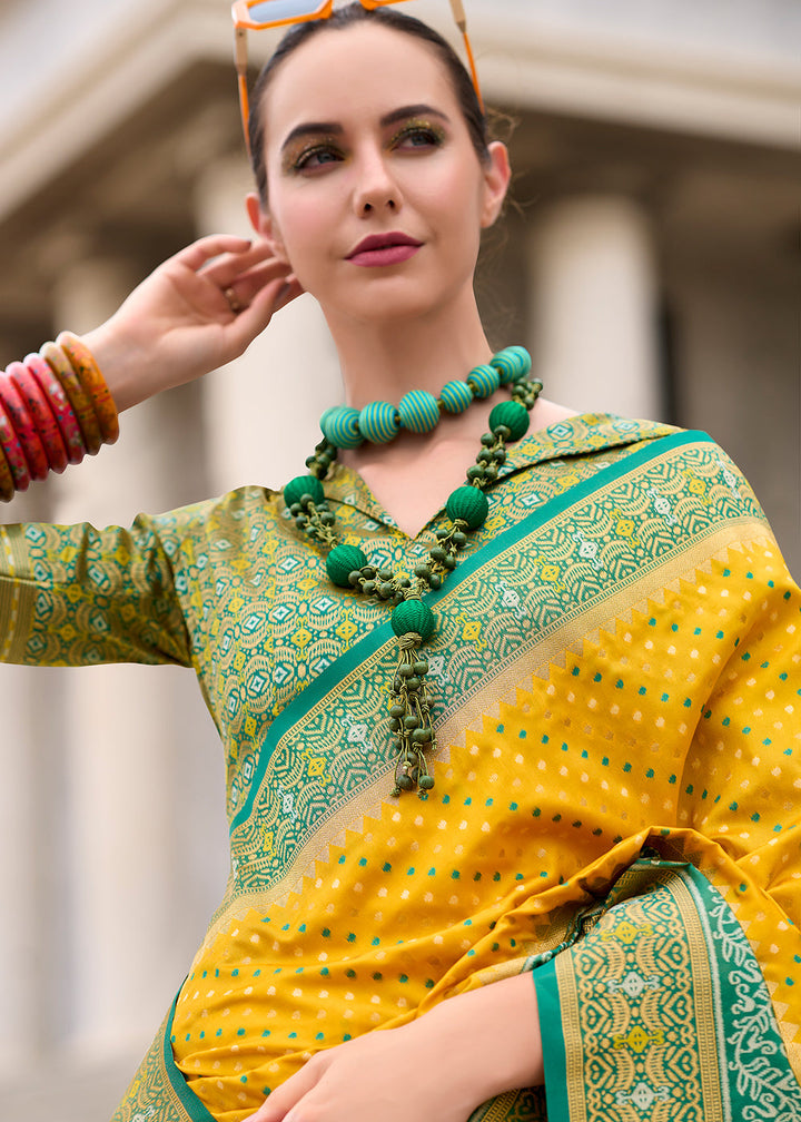 Golden Yellow Woven Banarasi Silk saree with Contrast Blouse & Pallu