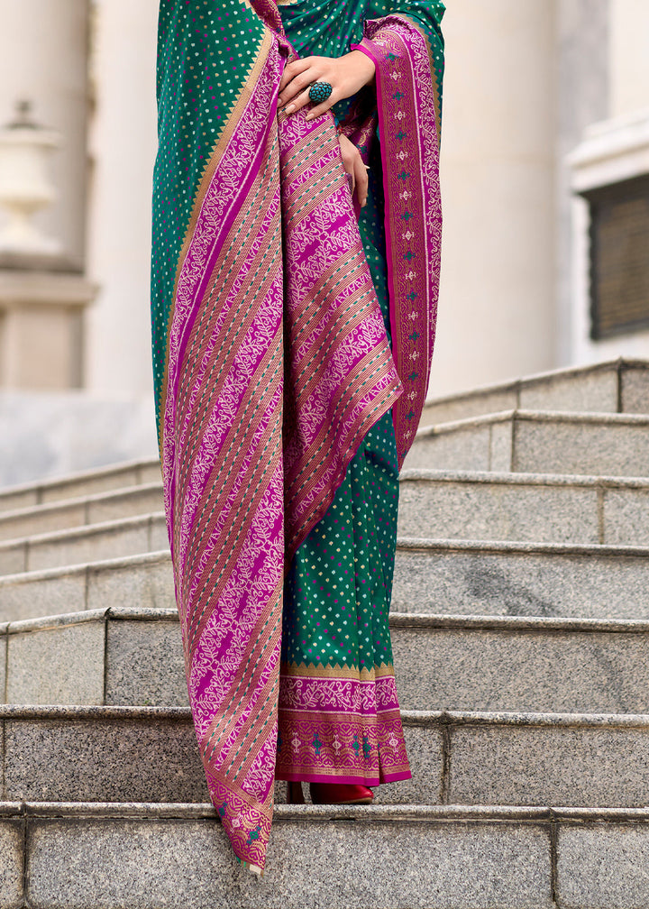 Bottle Green Woven Banarasi Silk saree with Contrast Blouse & Pallu