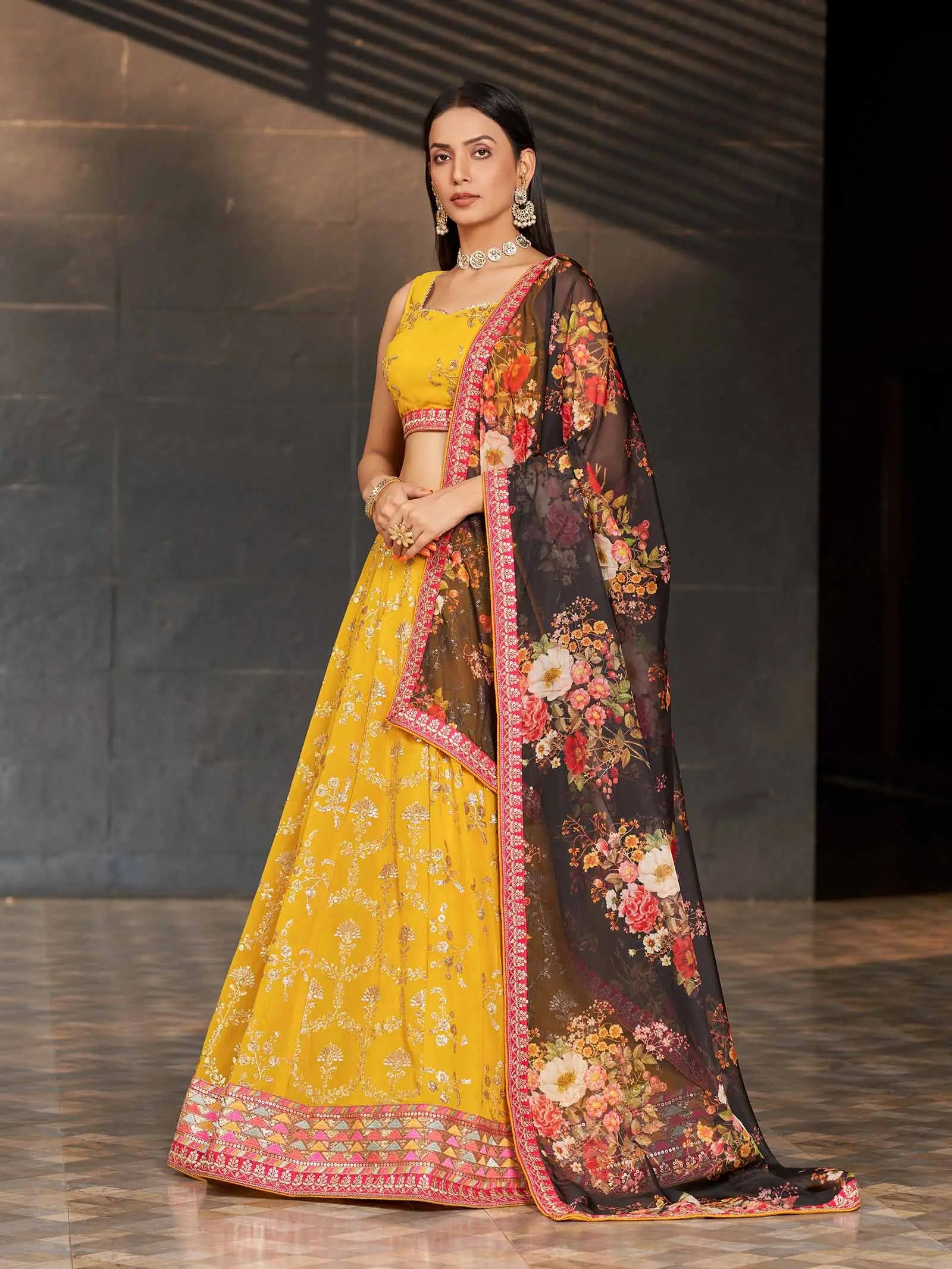 Yellow Black Georgette Lehenga With Thread Zari Sequins Embroidery Work With Digital print | Ready To Wear - qivii