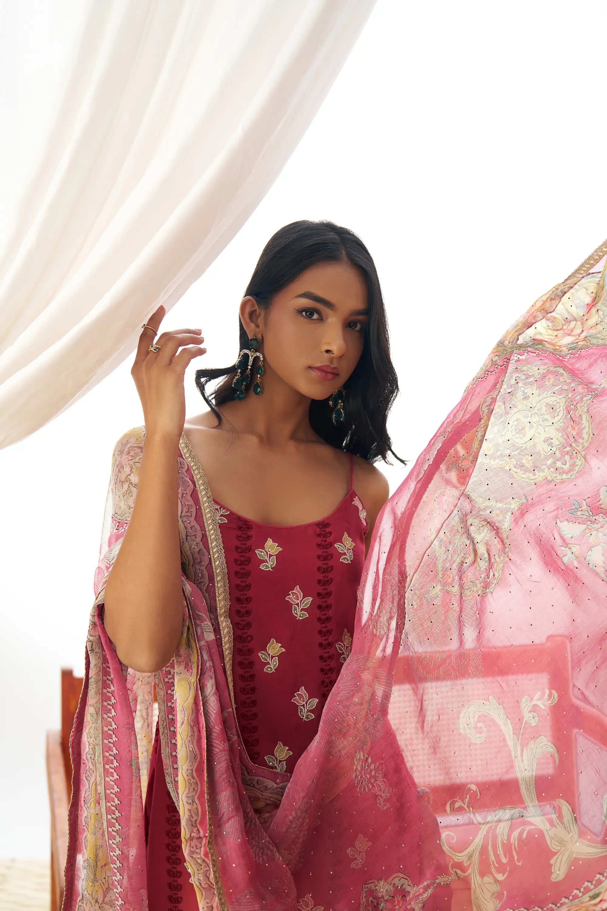 Dull Red Fancy Embroidered Work Organza Salwar Suit With Dupatta - qivii