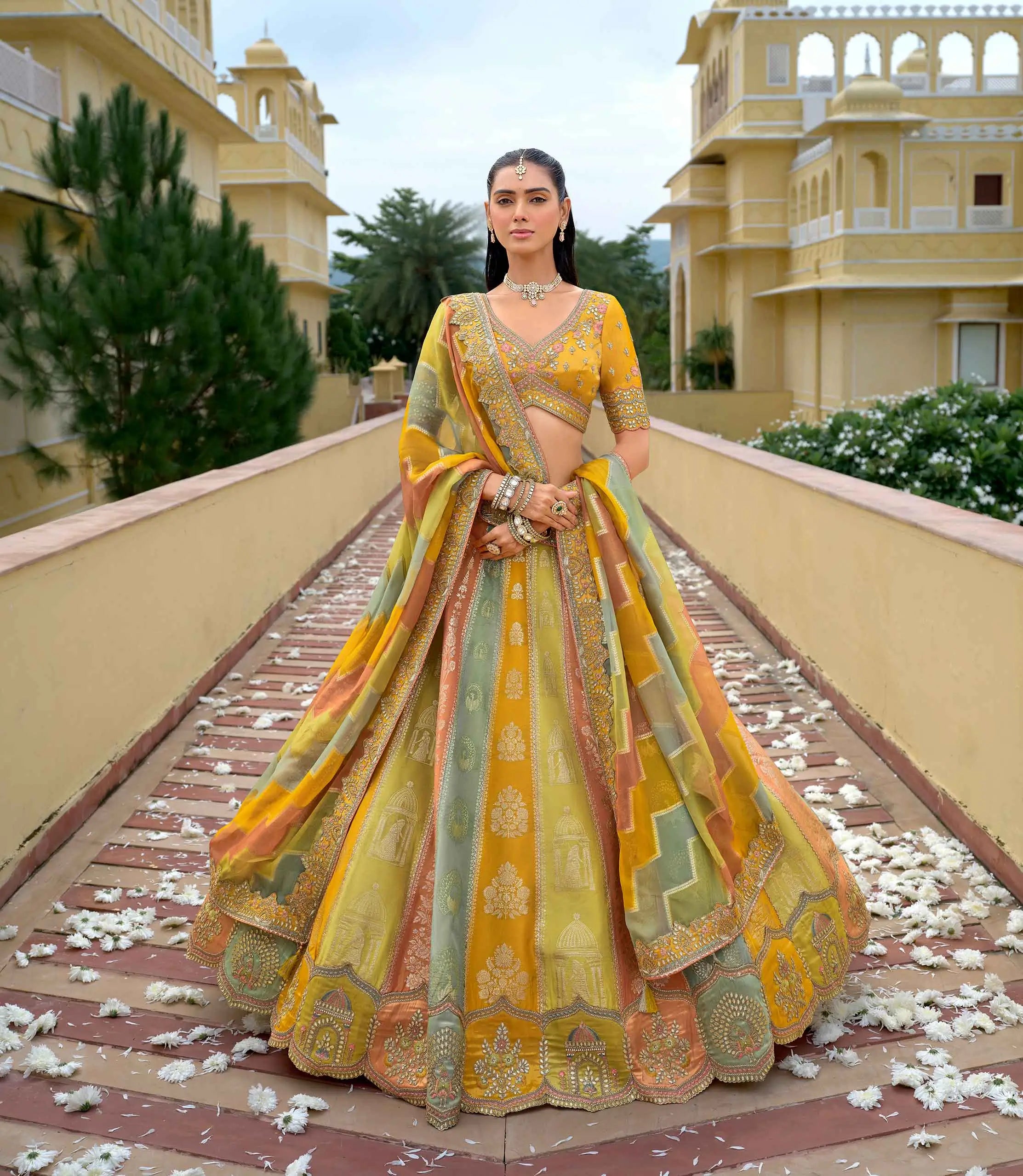 Pastel Yellow Designer Embroidery Work Lehenga
