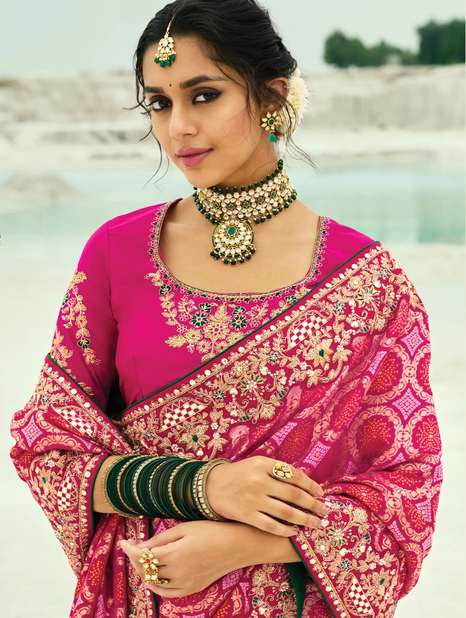Red-Rani Pink Georgette Heavy Embroidered Bandhej Saree - qivii
