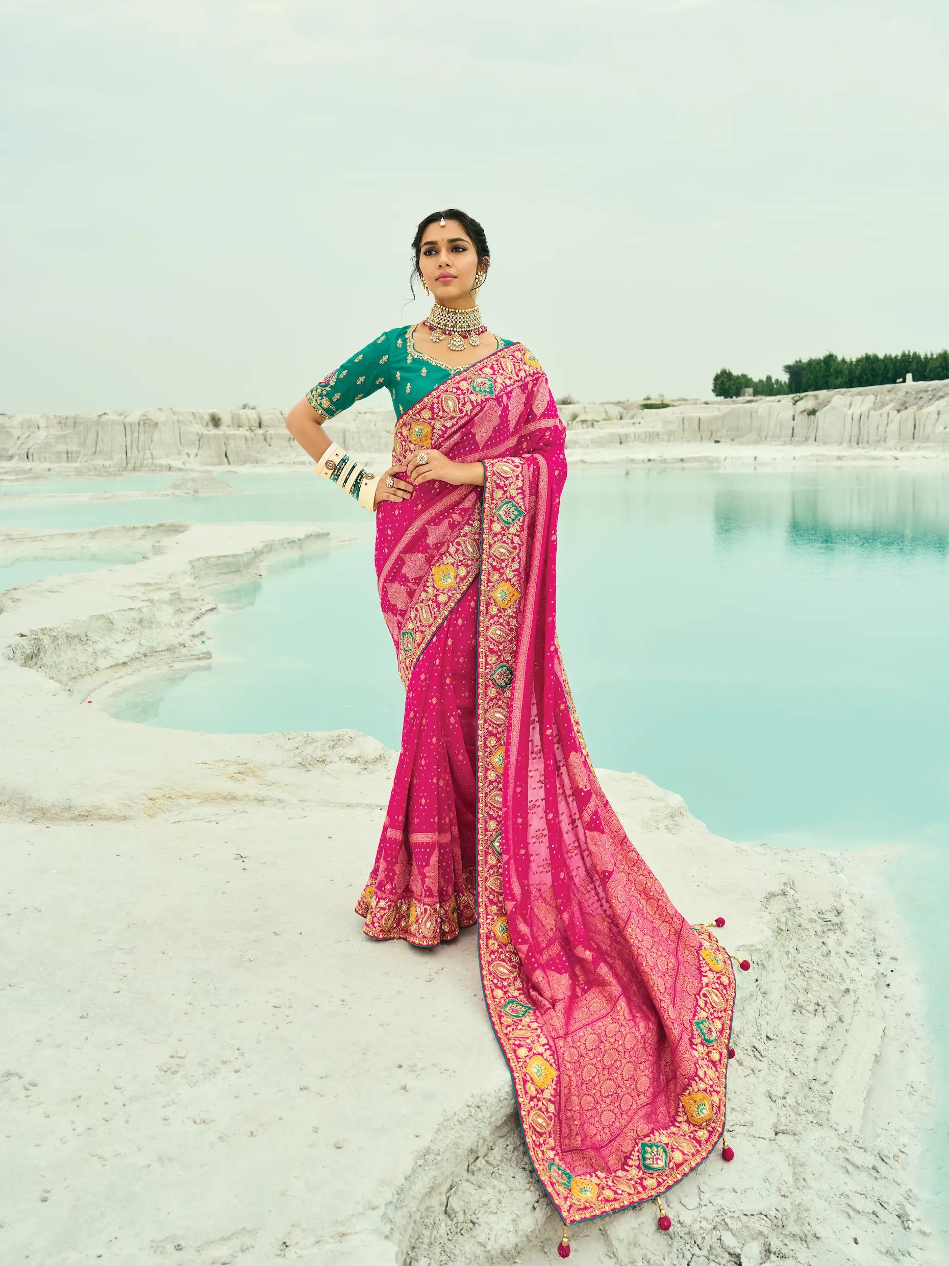 Rani Pink Georgette Heavy Embroidered Bandhej Saree - qivii