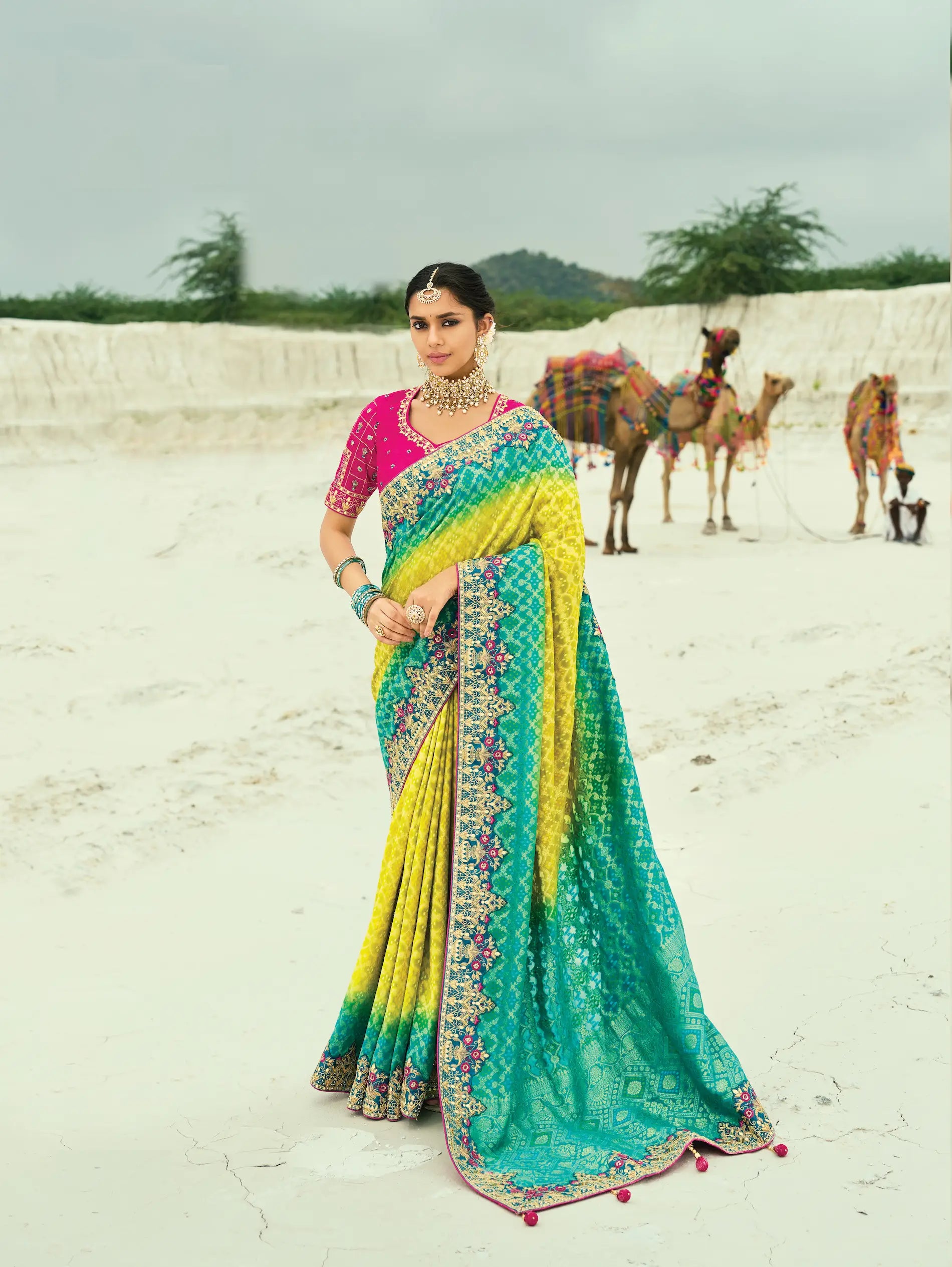 Yellow-Teal Blue Georgette Heavy Embroidered Bandhej Saree - qivii