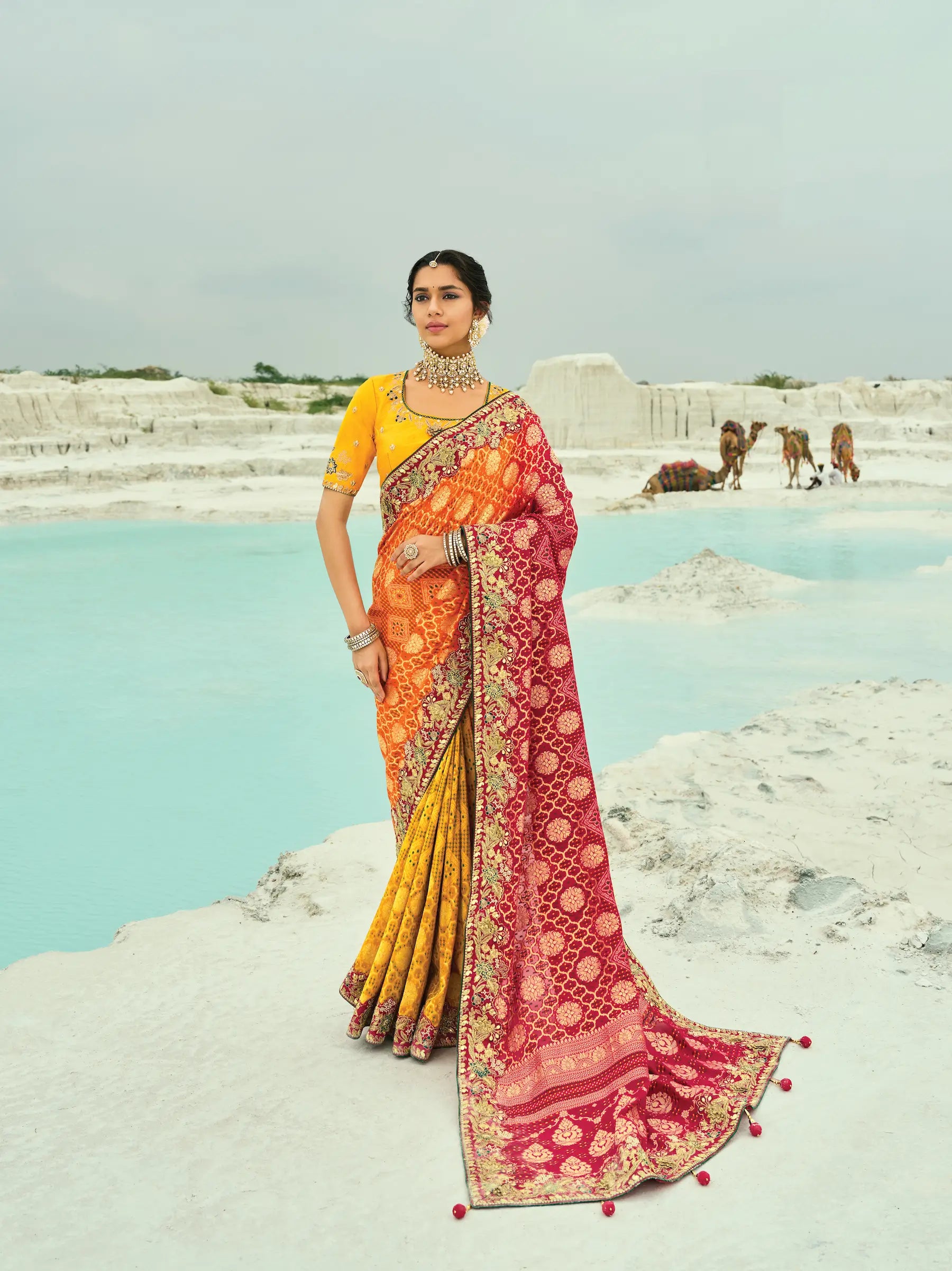 Red-Mustard-Orange Georgette Heavy Embroidered Bandhej Saree - qivii