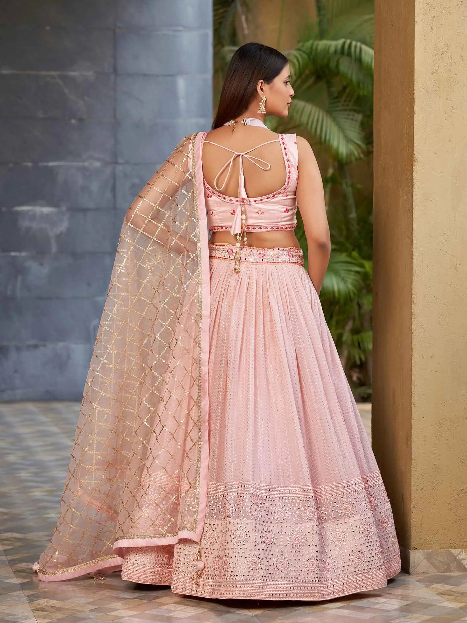 Light Pink Georgette Lehenga With Multi Color Thread And Sequins Zari Embroidery With Real  Mirror Work | Ready To Wear - qivii