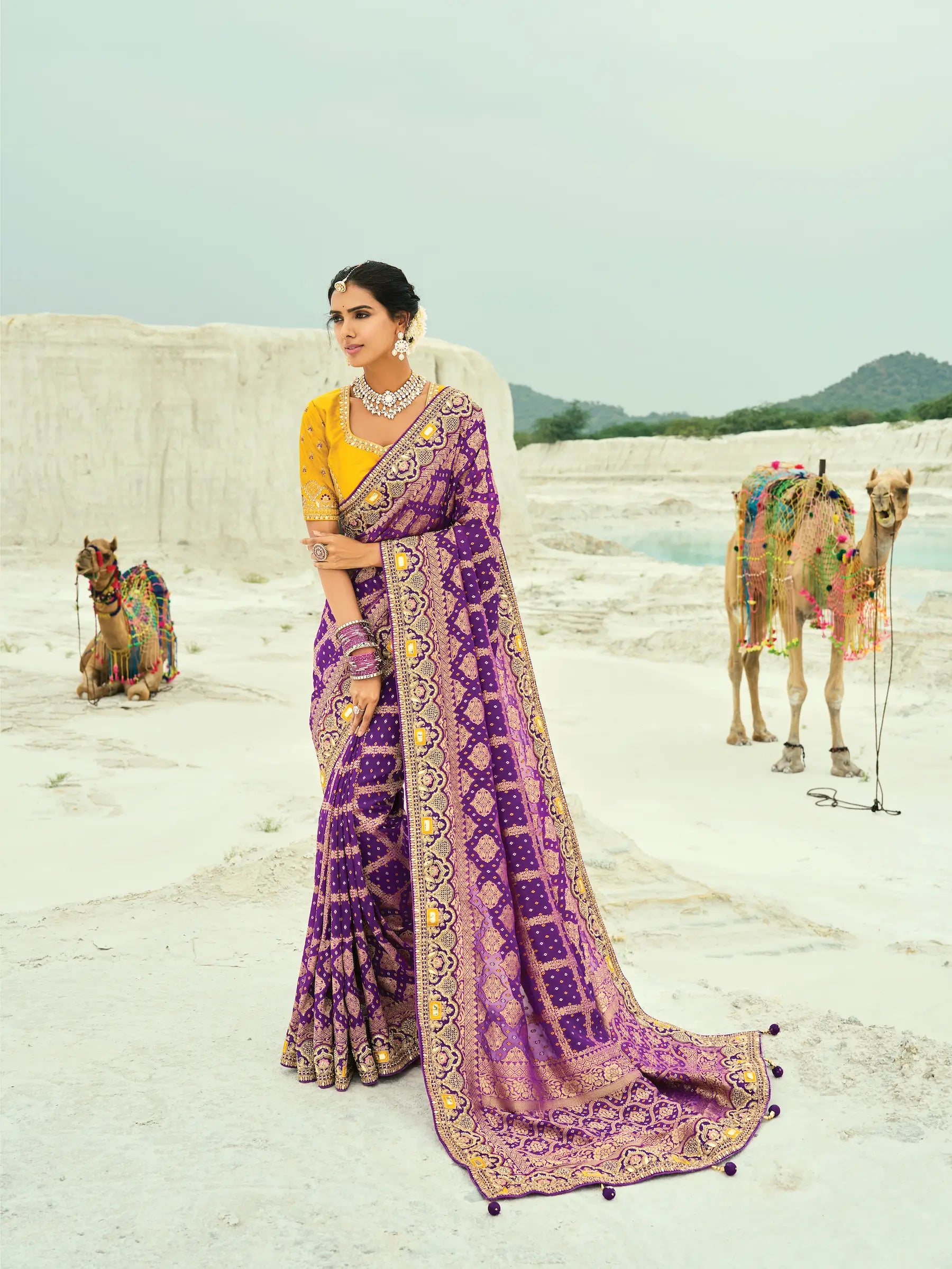 Wine Georgette Heavy Embroidered Bandhej Saree - qivii