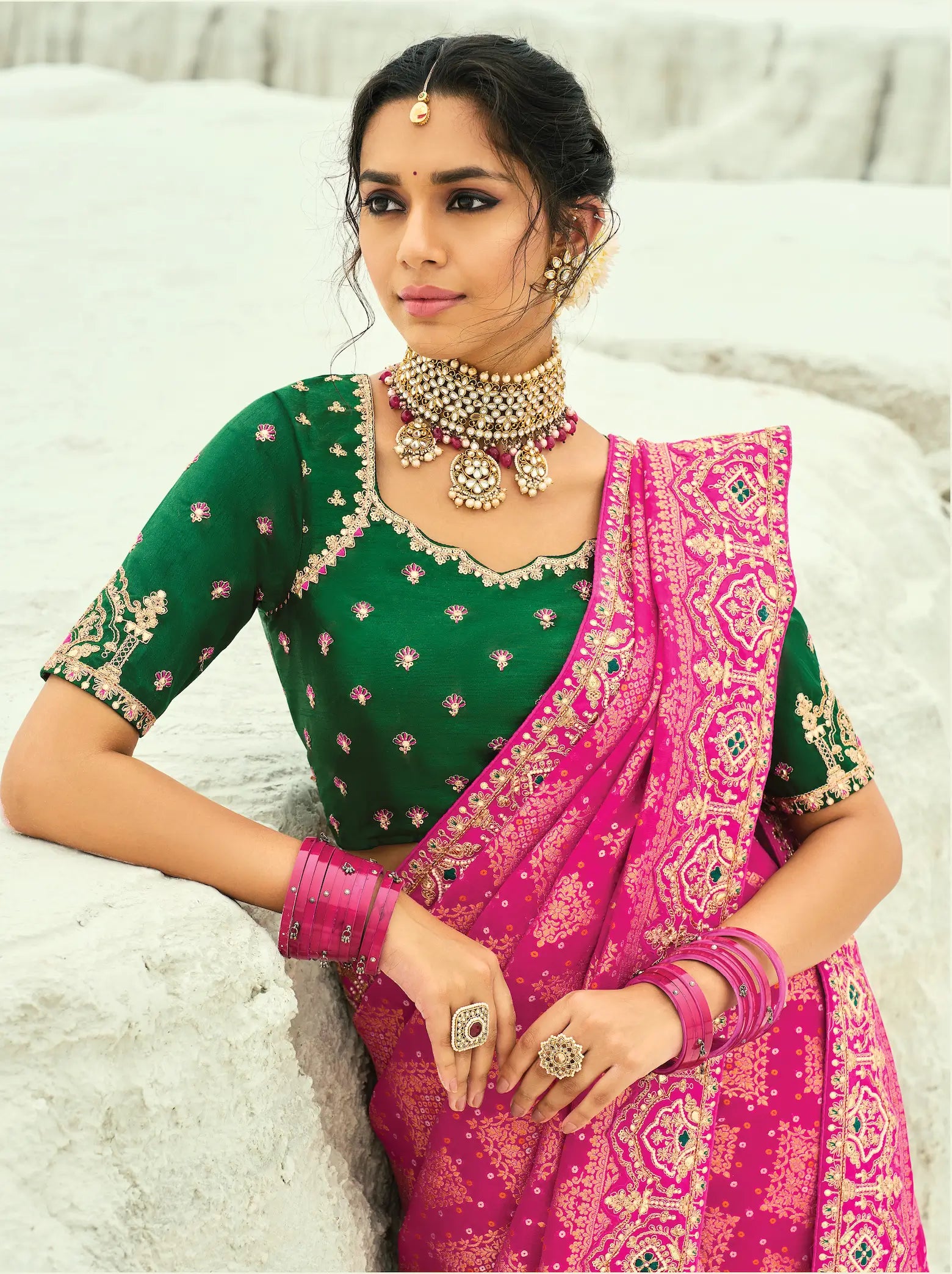 Dark Pink Georgette Heavy Embroidered Bandhej Saree - qivii
