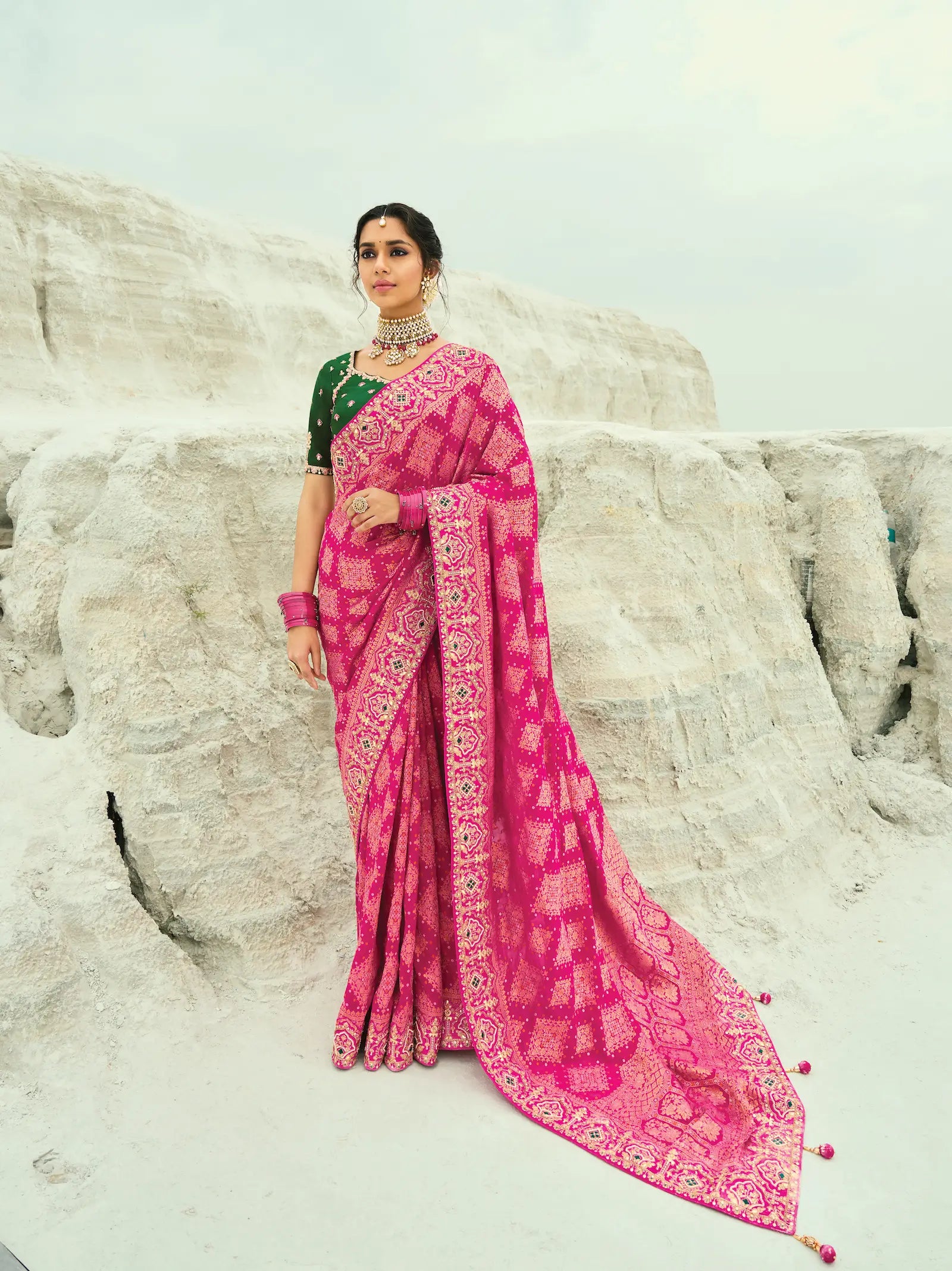 Dark Pink Georgette Heavy Embroidered Bandhej Saree - qivii