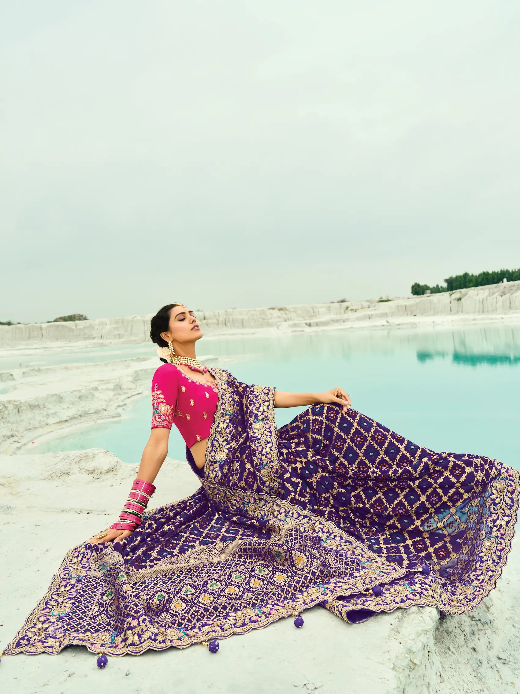 Dark Purple Georgette Heavy Embroidered Bandhej Saree - qivii