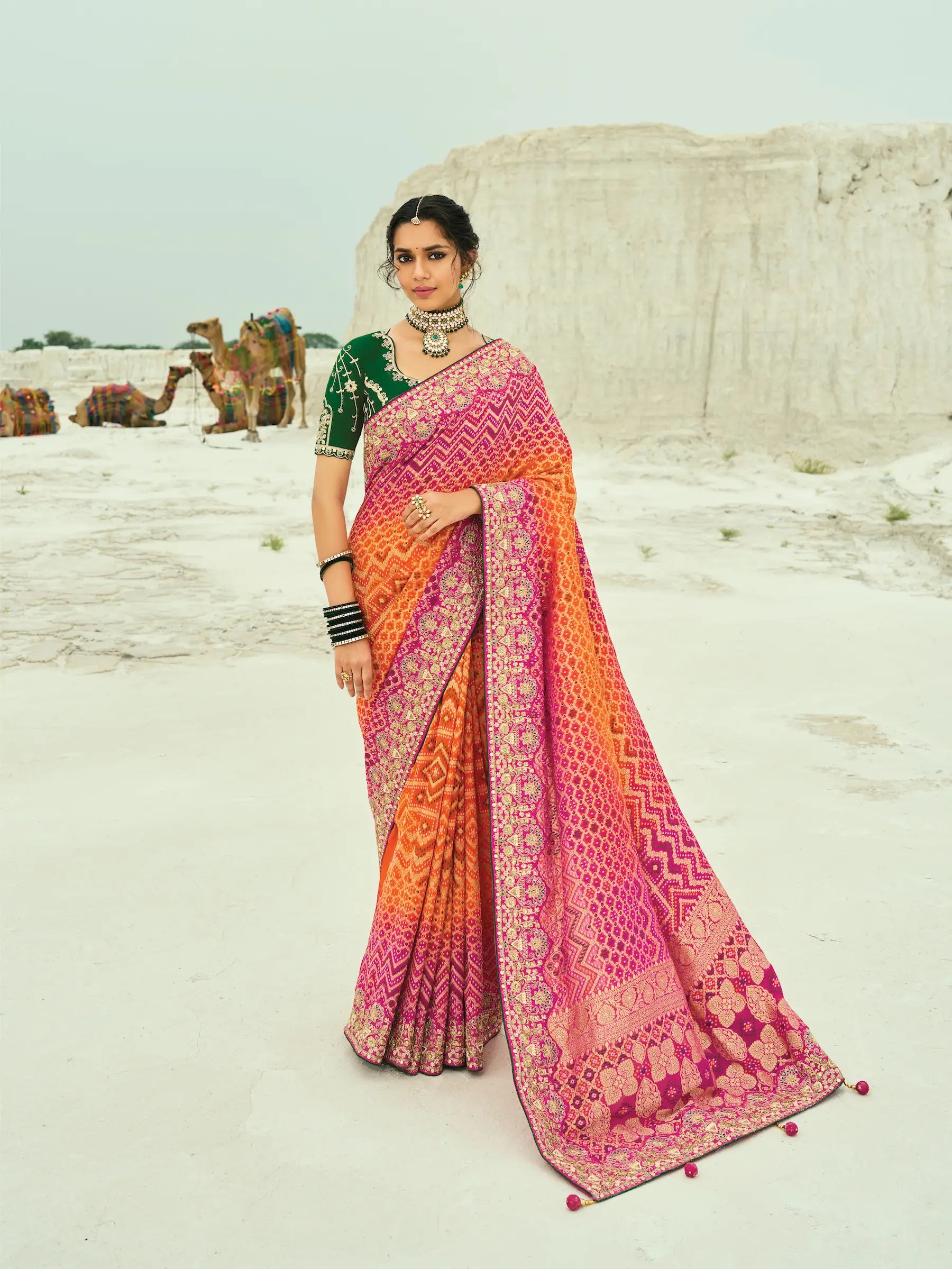 Orange-Rani pink Georgette Heavy Embroidered Bandhej Saree - qivii