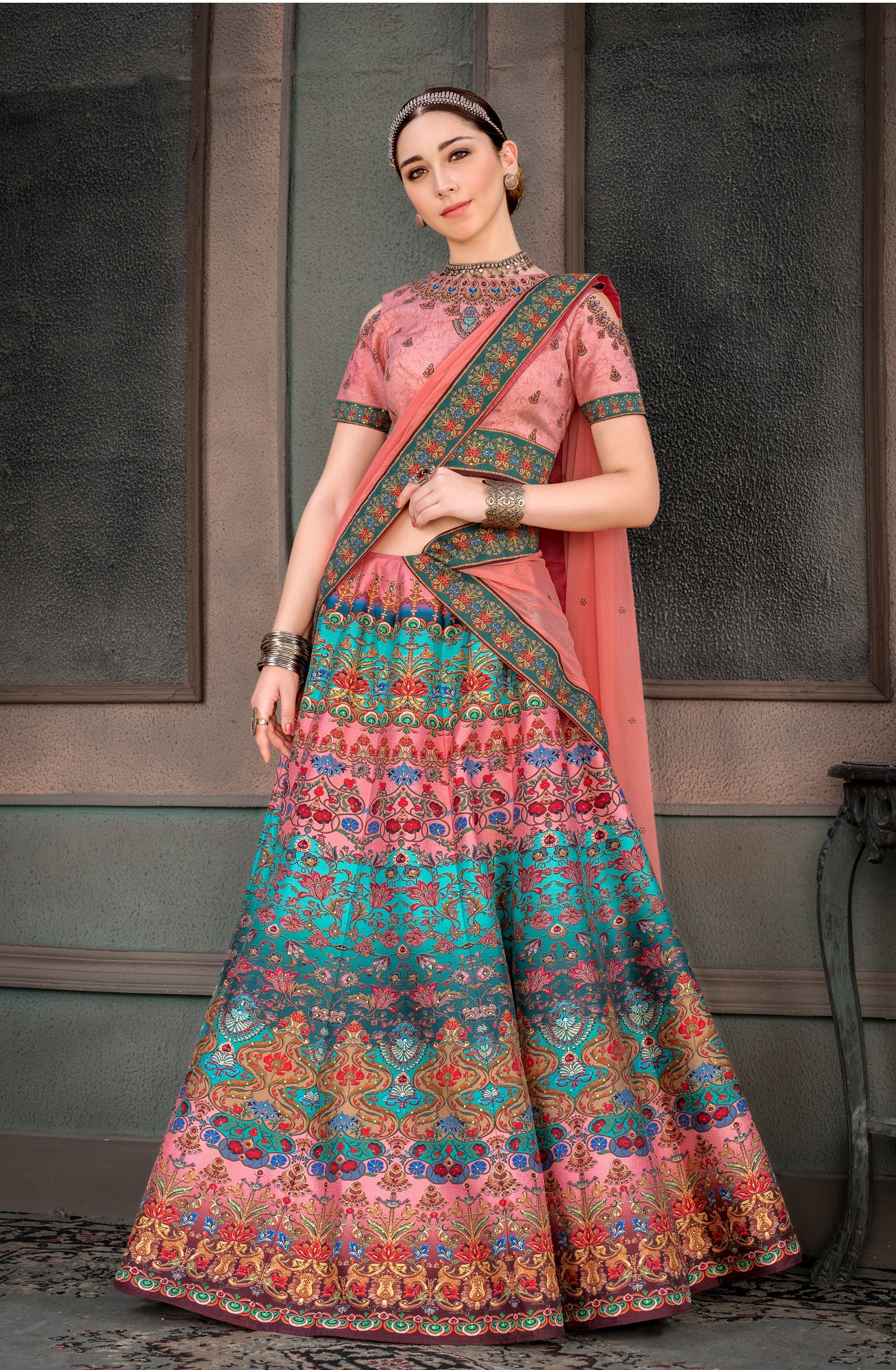 Enchanting Embellishment: Digital Print Lehenga with Intricate Embellished Work - qivii