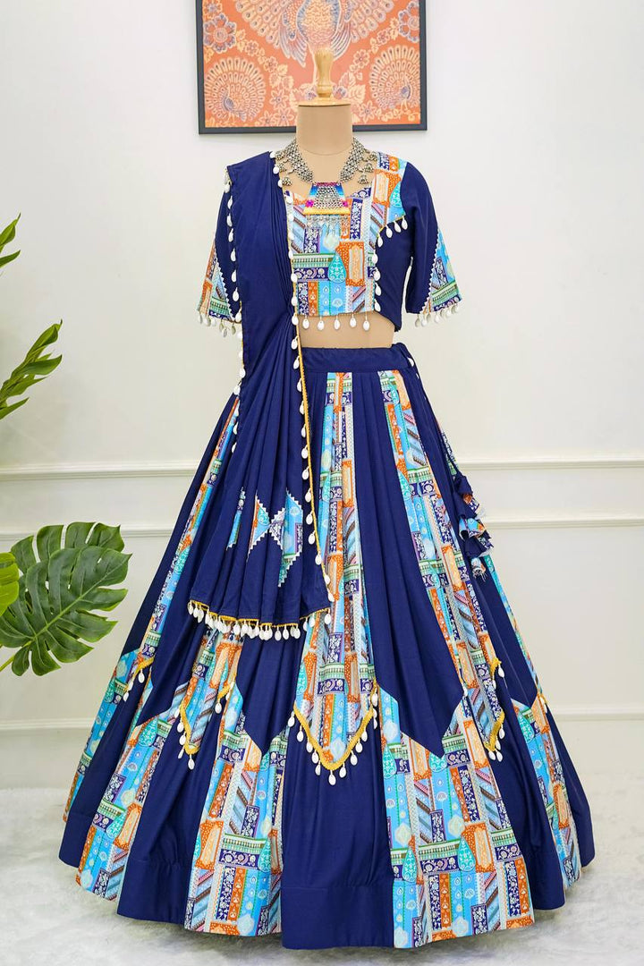 Blue Color Reyon Digital print with kodi lace broder Lehengha