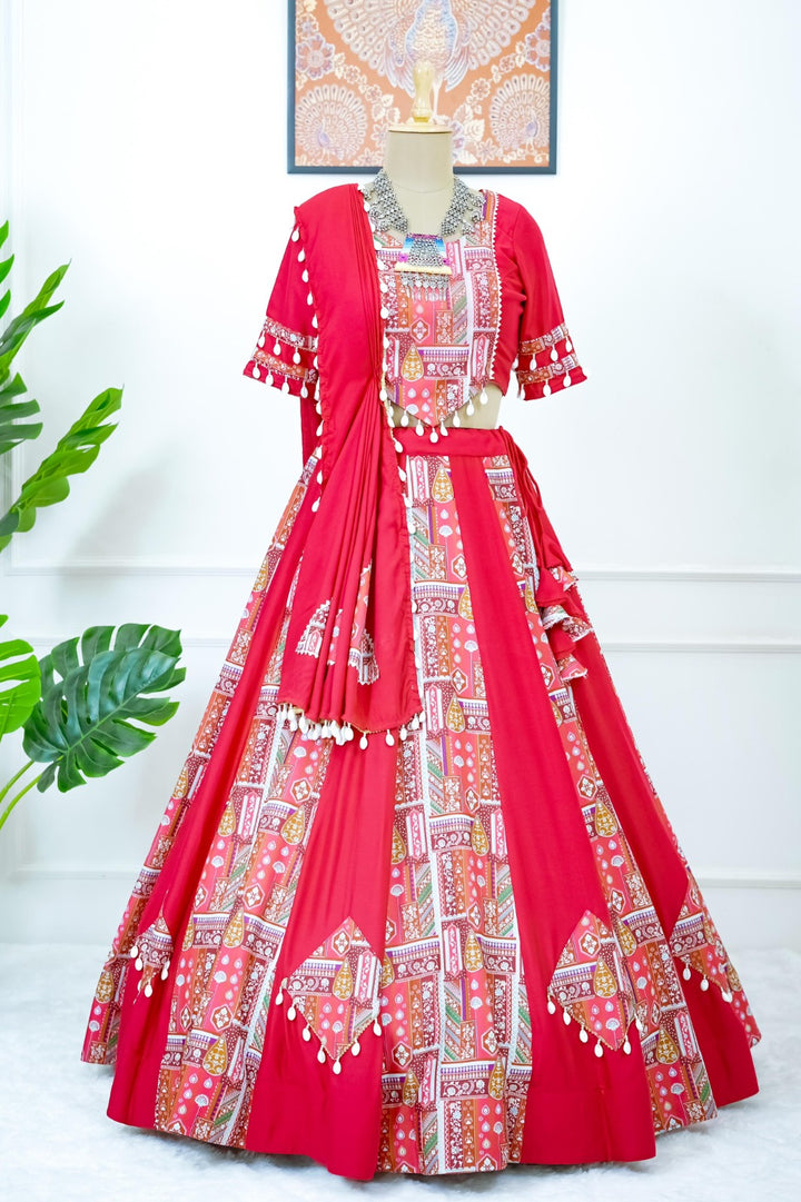 Red Color Reyon Digital print with kodi lace broder Lehengha Choli