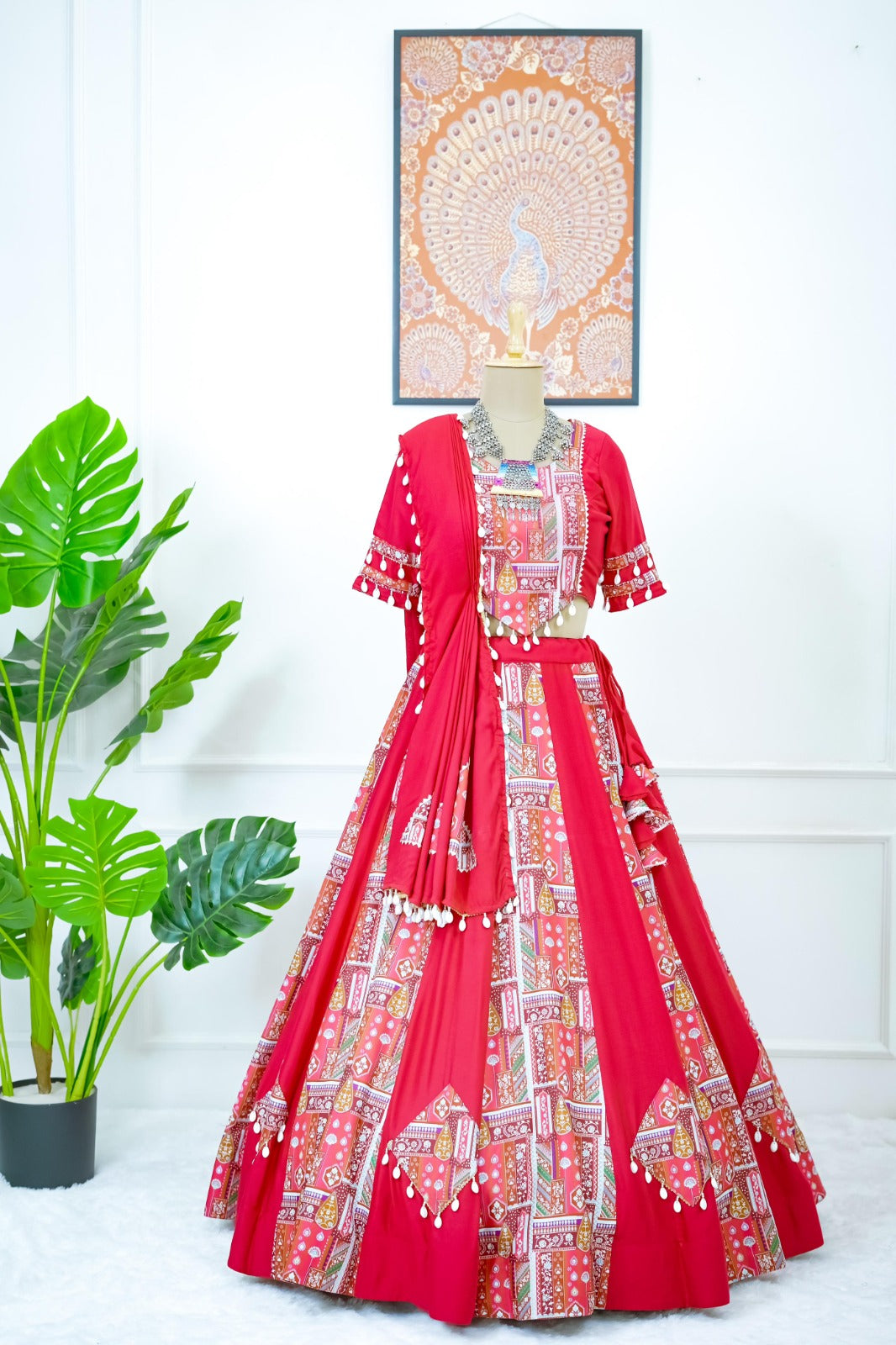 Red Color Reyon Digital print with kodi lace broder Lehengha Choli