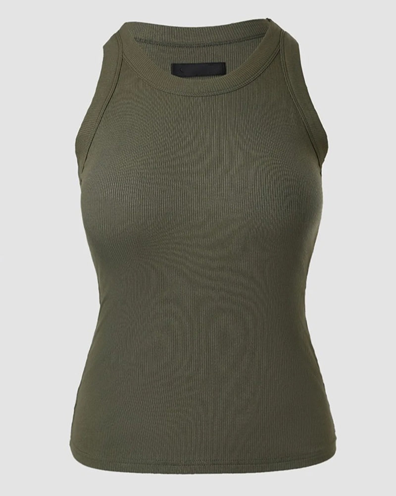 Round Neck Ribbed Tank Top Built In with Bra Padded  - By Qivii