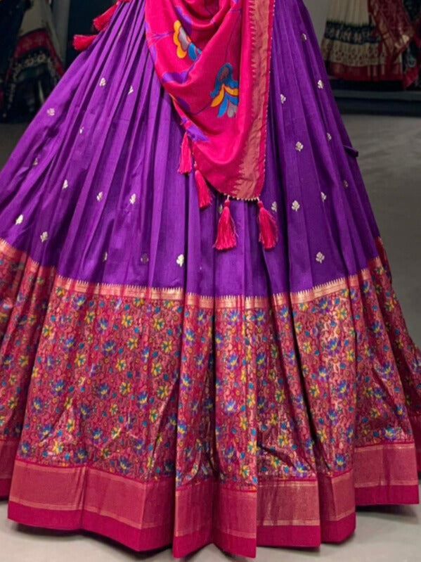 Tussar Silk Print With Foil Work With Heavy Tassels Lehenga Choli In Purple Color