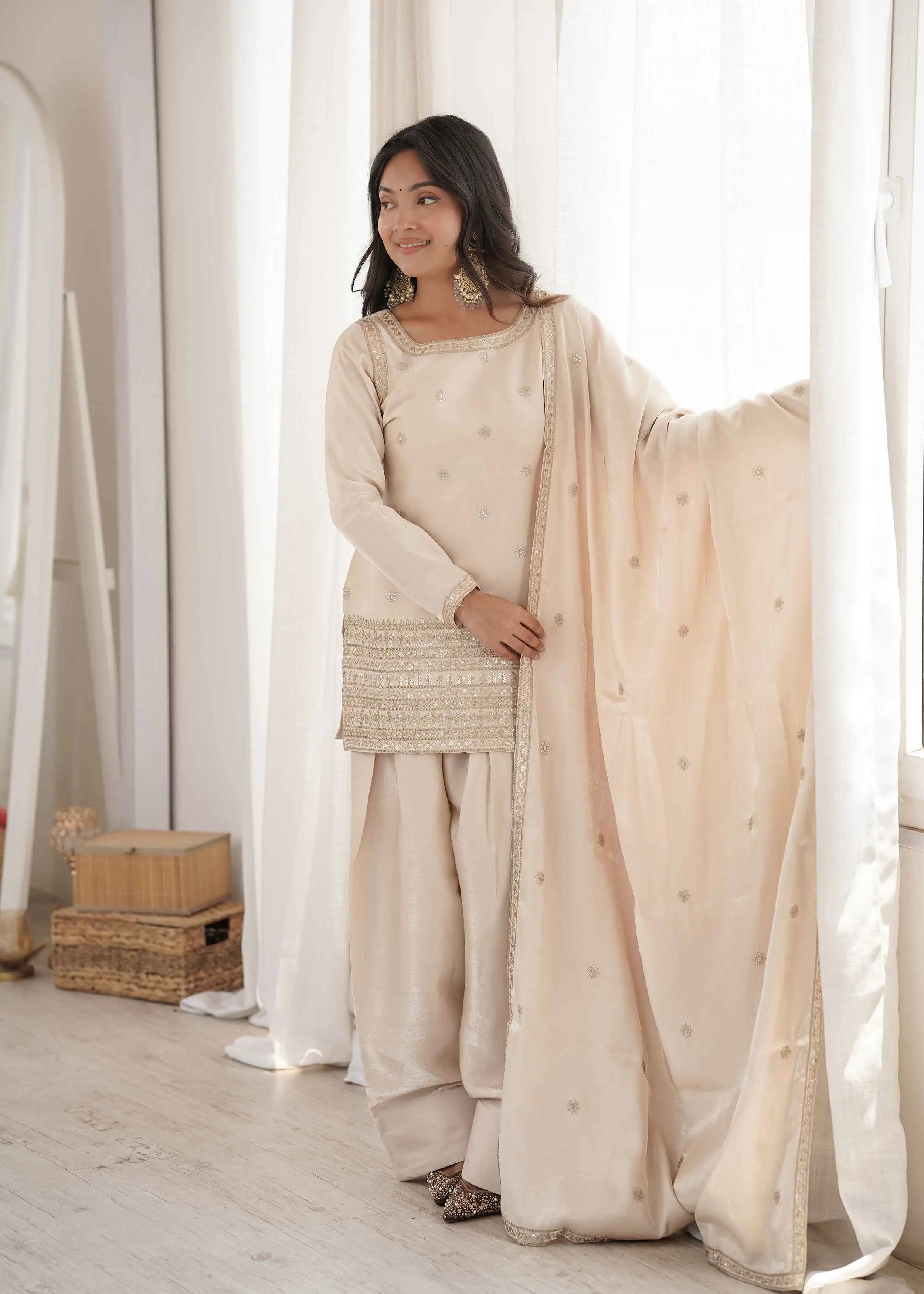 Beige Embroidered Silk Salwar Suit