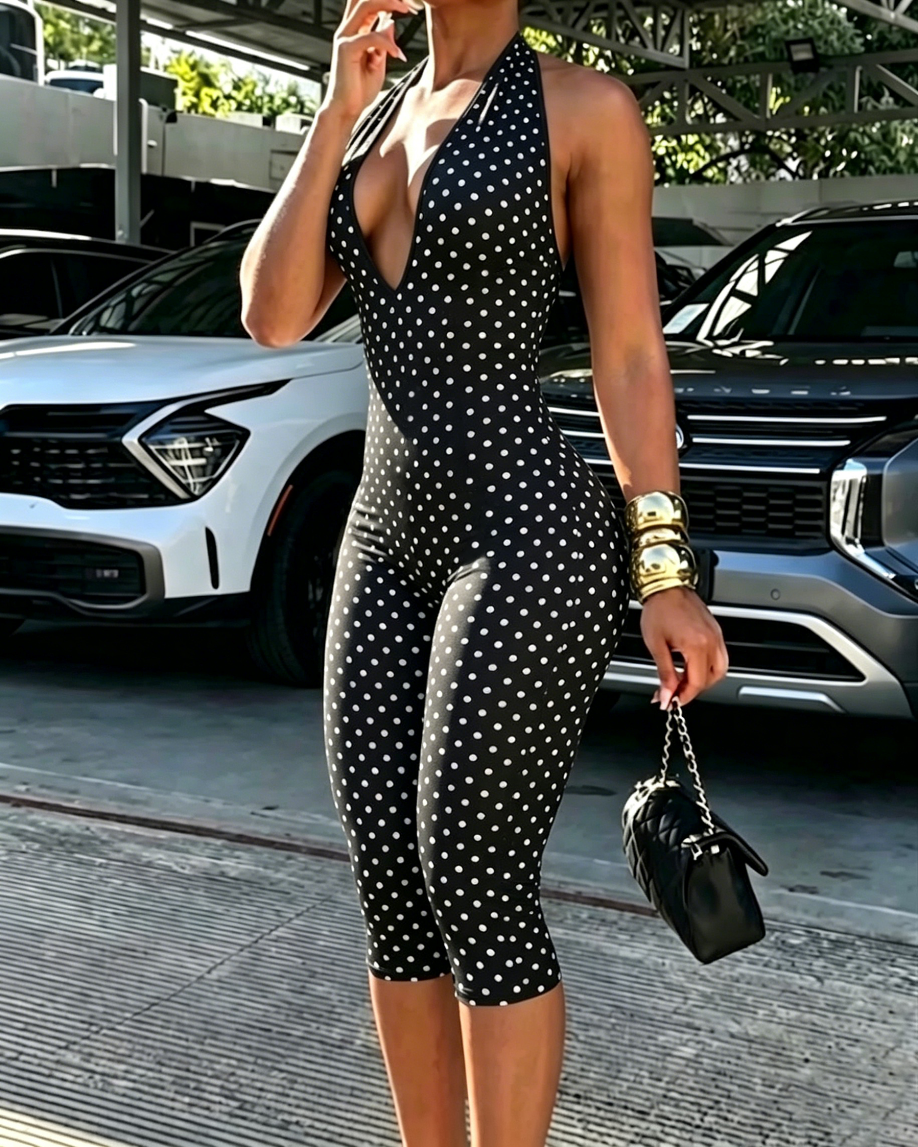 Hourglass Halter V Neck Backless Butt Lifting Capri Jumpsuit In Polk Dot  - By Qivii