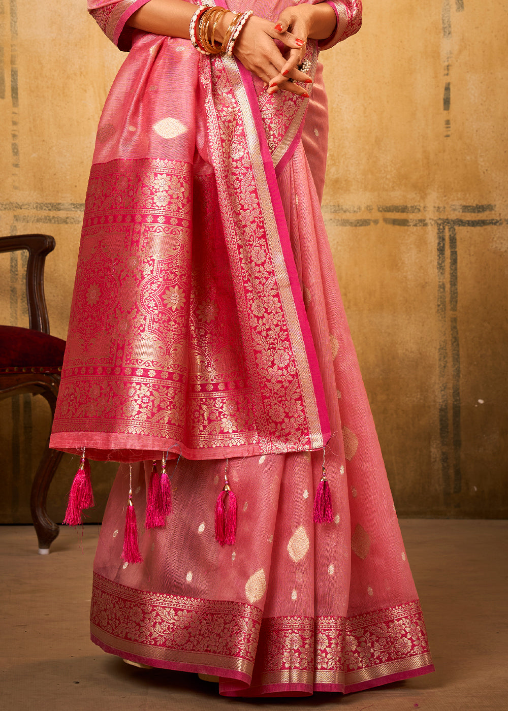 Brink Pink Woven Banarasi Tissue Silk Saree