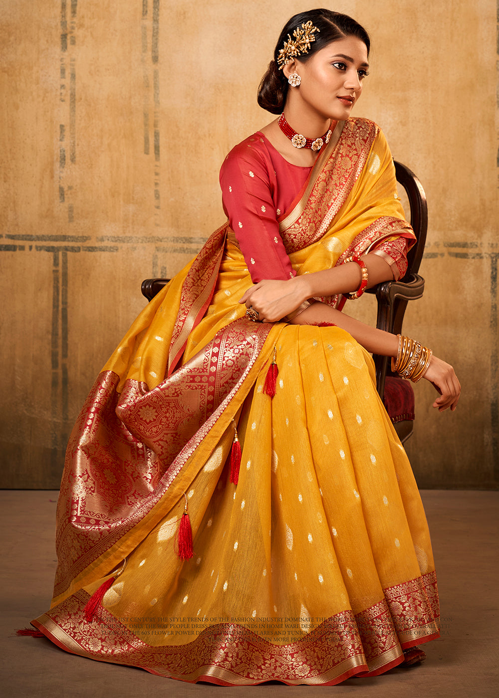 Amber Gold Yellow Woven Banarasi Tissue Silk Saree